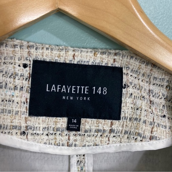 Lafayette 148 Tweed White Cream Metallic Black Jacket Zip Up Sz 14 - Picture 2 of 6